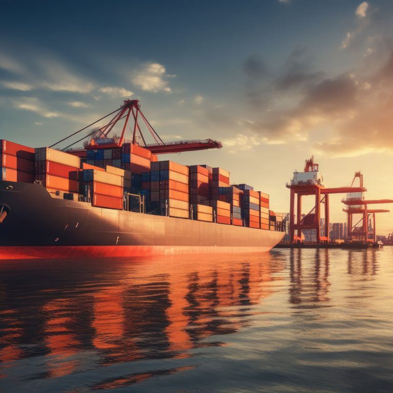 Busy shipping port with containers, trade in action.