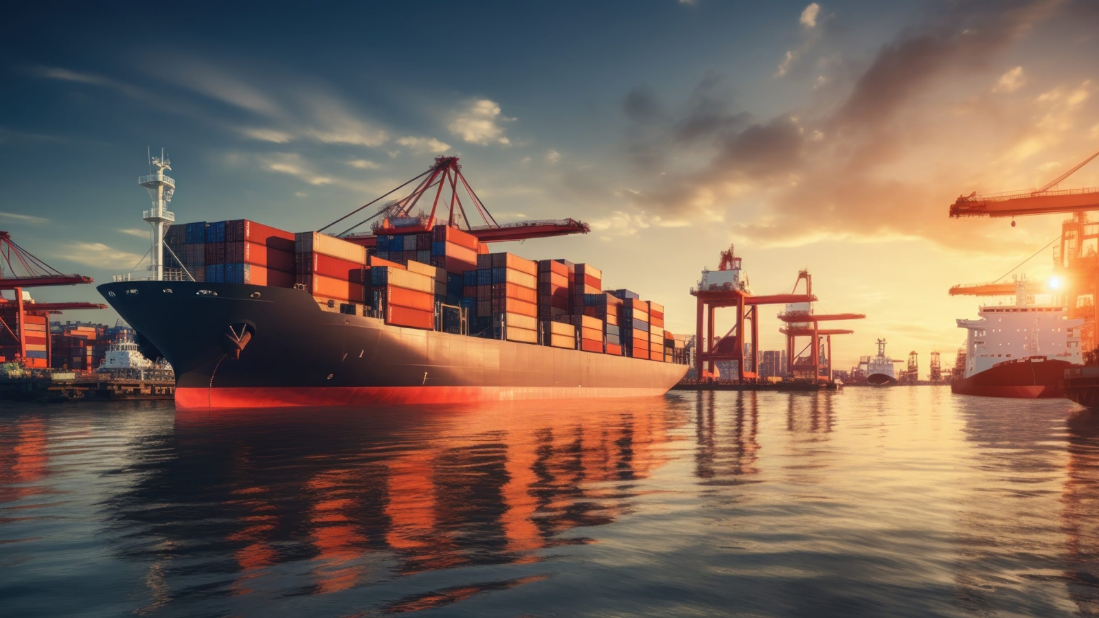 Busy shipping port with containers, trade in action.