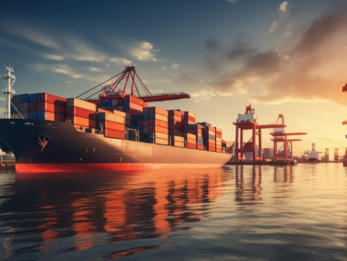 Busy shipping port with containers, trade in action.